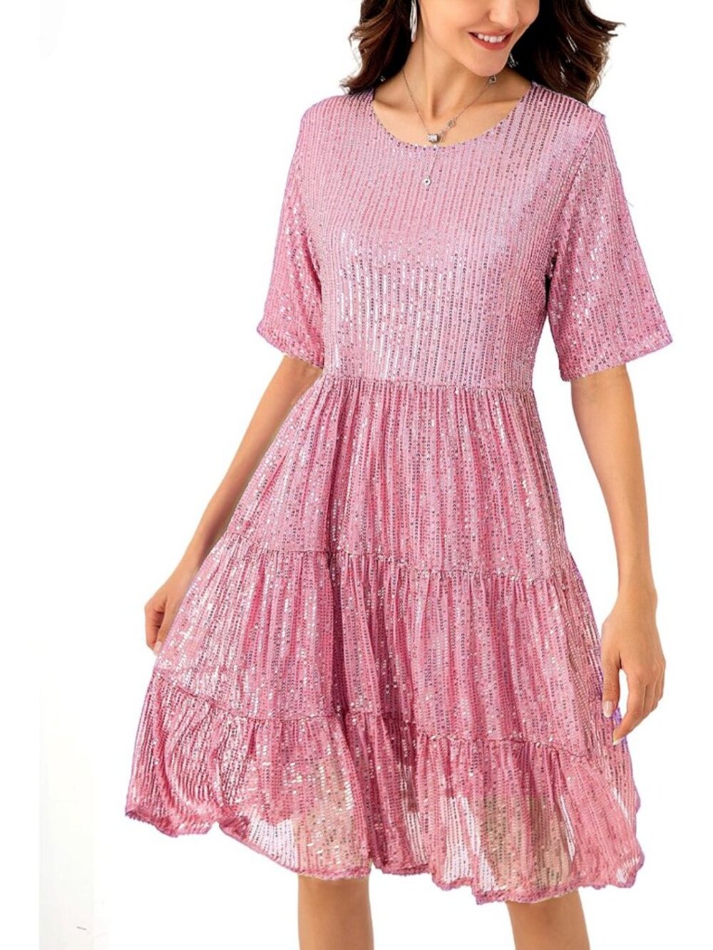 Sparkly Sequin Babydoll Summer Dress | Flowy Tiered Tunic for Party & Night Out
